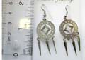 Fashion earring in carved-out diamond shape pattern decor circular pattern design with 3 metal dangle on bottom 
