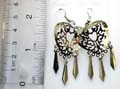 Heart love fashion earring with carved-out central pattern decor and 3 metal dangle on bottom 