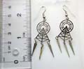 Fashion fish hook earring in carved-oit geometrical pattern design holding 3 metal dangles on bottom 