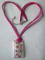 Fashion necklace in multi pinkish string design with a multi color beads decor rectangular pendant at center