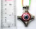 Fashion necklace in triple color string design with a red rounded evil eye pattern central decor, diamond shape metal pendant at center