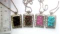 Beaded string fashion necklace with multi stone chip embedded rectangular pendant, assorted color randomly pick