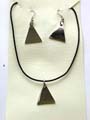 Fashion necklace and earring set in black rubber cord with triangle pendant design