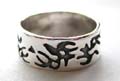 Wide band ring made of 925. sterling silver with black tattoo fire pattern decor 