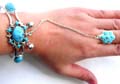 Fashion slave bangle bracelet-ring with imitation blue stone inlaid flower pattern design, mini bell decor