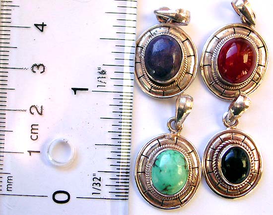 Classic silver jewelry, oval sterling silver jewel pendant with semi precious gemstone amethyst, agate, turquoise, onyx   