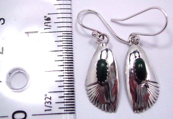 Sterling silver earring in fan shape design with an imitation turquoise stone at center, fish hook back