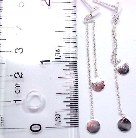 Stud earring made of sterling silver with double chain holding a circle pattern design 