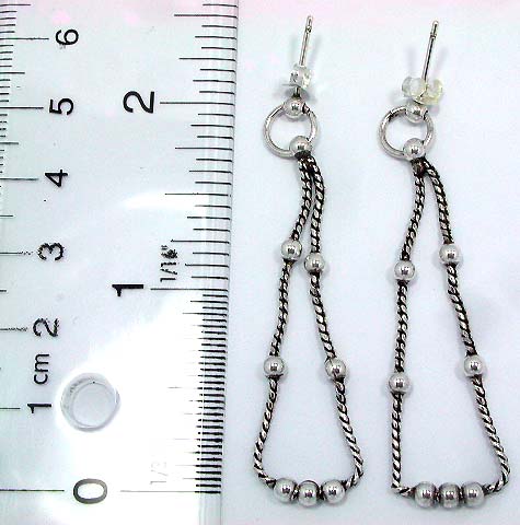 Silver stud earring sterling with black beaded chain loop design