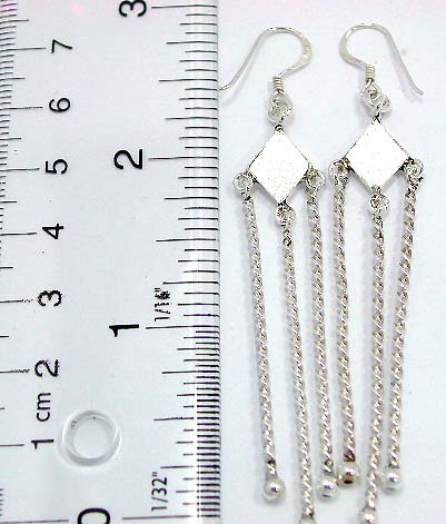 Sterling silver fish hook earring with diamond shape pattern holding 3 twisted strip dangle on bottom, chandelier earring fashion   