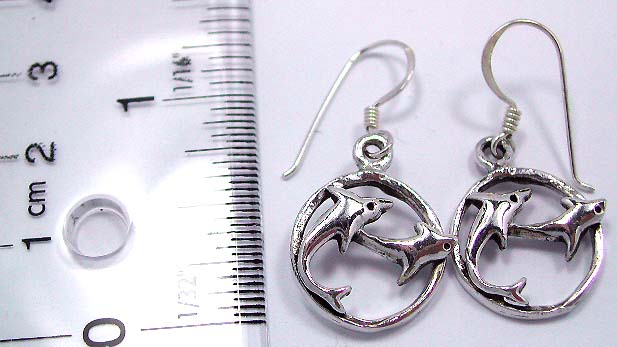 Sterling silver earring with double dolphin in circle pattern design, fish hook back for convenience closure   