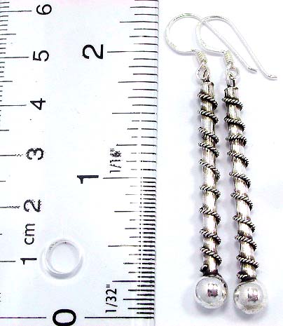 Sterling silver earring with roped long strip holding a pearl bead on bottom, fish hook back   