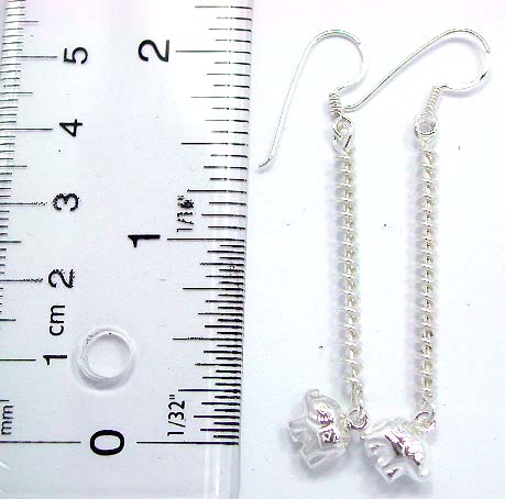 Sterling silver earring with spinning rope wrapped long strip holding a mini elephant pattern on bottom    