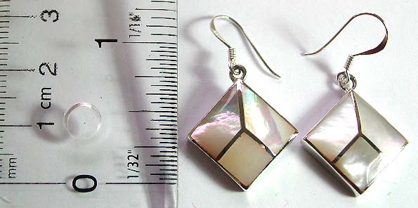 Sterling silver earring in diamond shape pattern design with line decor genuine mother of pearl seashell inlaid        