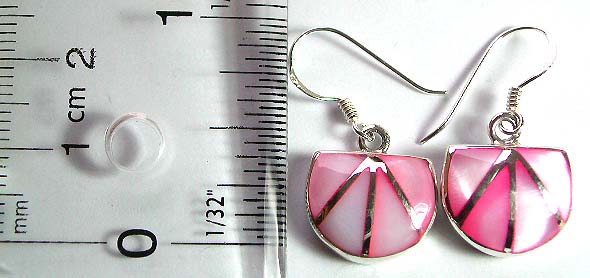 Sterling silver earring in crescent moon shape pattern design with 3 line decor genuine pinkish mother of pearl seashell inlaid, fish hook back        