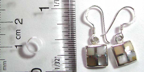 Sterling silver earring in square shape pattern design with line decor, 4 mini genuine seashell stone
