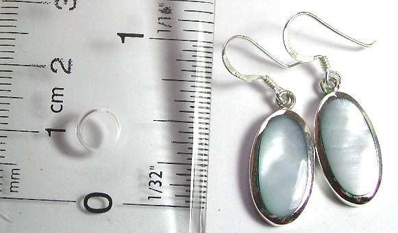 Fish hook back sterling silver earring with an elliptical shape blue mother of pearl seashel