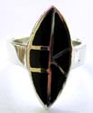 Sterling silver ring with 6 irregular shape balck onyx stone inlay olive shape pattern decor at center