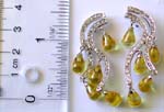 Fashion stud earring in multi mini clear cz embedded double curved strip design with 5 imitation yellow stone suspended on