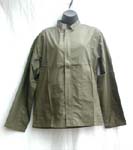 Army green unisex one layer coat jacket; hidden zipper-up front closure; stick-up neck; two hip pockets included