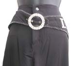 Boot cut natural rise black long pant with silvery belt decor; zipper hook and eye front closure