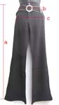 Boot cut natural rise black long pant with silvery belt decor; zipper hook and eye front closure