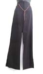 Black boot cut natural rise long pant with button zipper front closure; a golden chain decor around waist band