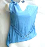 Lady's fashion tan top; tie knot on right shoulder; mini v-neck; circle chain belt on waist