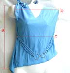Lady's fashion tan top; tie knot on right shoulder; mini v-neck; circle chain belt on waist