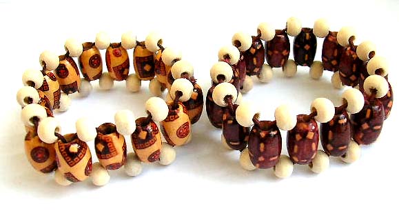 Fashion stretchy bracelet with multi assorted pattern decor olive shape wooden beads inlaid