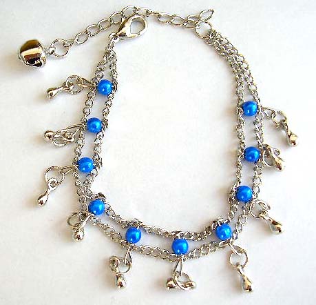 Fashion bracelet in double chain pattern design with multi blue beads and mini water-drop shape silvery beads inlaid, jiggle bell decor at the end          


 
 
