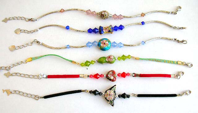 Fashion bracelet with assorted color imitation leather band or curved strip holding assorted shape handmade enamel cloisonne flower bead at center