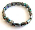 Fashion hematite stretchy bracelet with multi hematite curve beads and double pearl shape blue facet beads inlaid