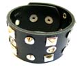 Fashion bracelet with multi rounded and square shape button decor on black wide imitation leather band design, double botton end to close