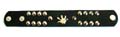 Fashion bracelet in black wide imitation leather band design with multi rounded button decor along and a hand palm pattern at center, double botton end for adjustable closure