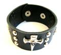 Fashion bracelet in black wide imitation leather band design with multi rounded button decor along and a cross pattern at center, double botton end for adjustable closure
