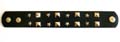 Fashion bracelet in black wide imitation leather band design with multi faceted square and mini star button decor along, double botton end for adjustable closure