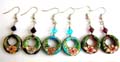 Fashion fish hook earring holding a diamond bead and a flower decor central carved-out circular handmade enamel cloisonne bead, assorted color randomly pick 