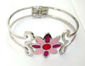 Fashion bangle bracelet in carved-out double band holding a color painted diasy flower pattern at center, assorted color randomly pick 
