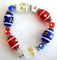Fashion stretchy bracelet with multi rounded and olive shape hand-painted Chinese lampwork glass bead and flat silver beads inlaid