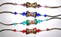 Fashion bracelet with curved long strip and diamond shape color beads inlay holding a fan shape handmade enamel cloisonne   flower bead at center, assorted color randomly pick 