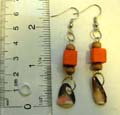 Fashion earring with square orange gold sand and rounded beads holding half seashell on bottom, fish hook back 