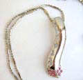 Fashion necklace with beaded chain holding a multi mini pinkish cz bottom embedded curve metal pendnat at center
