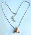 Fashion necklace with beaded chain holding a multi mini red cz embedded pyramid shape metal pendant at center 
