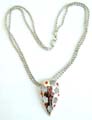 Fashion necklace with double beaded chains holding a multi mini red cz embedded, carved-out pattern decor water drop shape metal pendant at center 