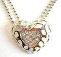 Fashion necklace with double beaded chains holding a multi mini clear cz embedded, carved-out pattern decor heart love metal pendant at center 