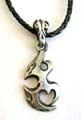 Fashion necklace with black twisted imitation leather string holding a tattoo metal pendant at center