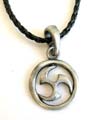 Fashion necklace with black twisted imitation leather string holding a holy spiral-in-circle metal pendant at center