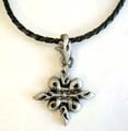 Fashion necklace with black twisted imitation leather string holding a Vintage cross metal pendant at center