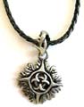 Fashion necklace with black twisted imitation leather string holding a Celtic flaming metal pendant at center